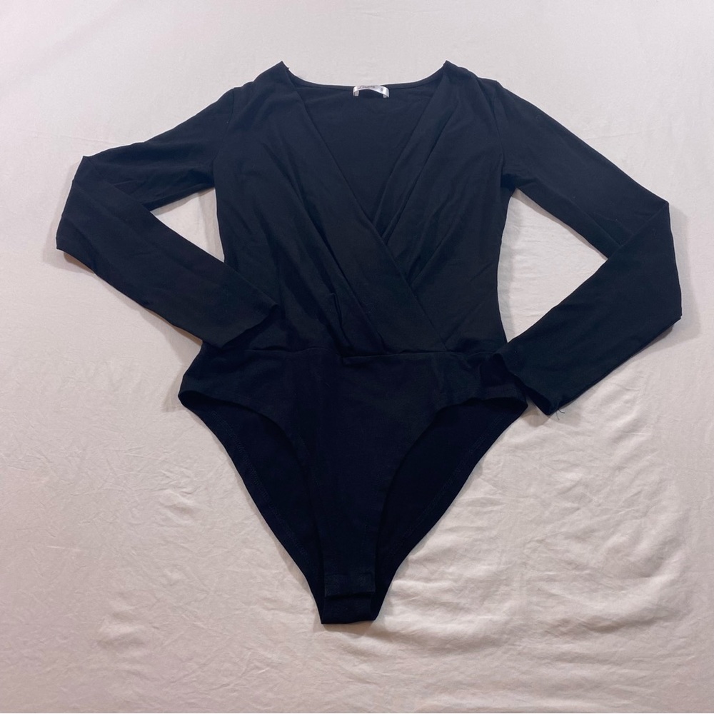 Linmon Bodysuit leotard women’s Dance Ballet black Long V- neck scrunched Side